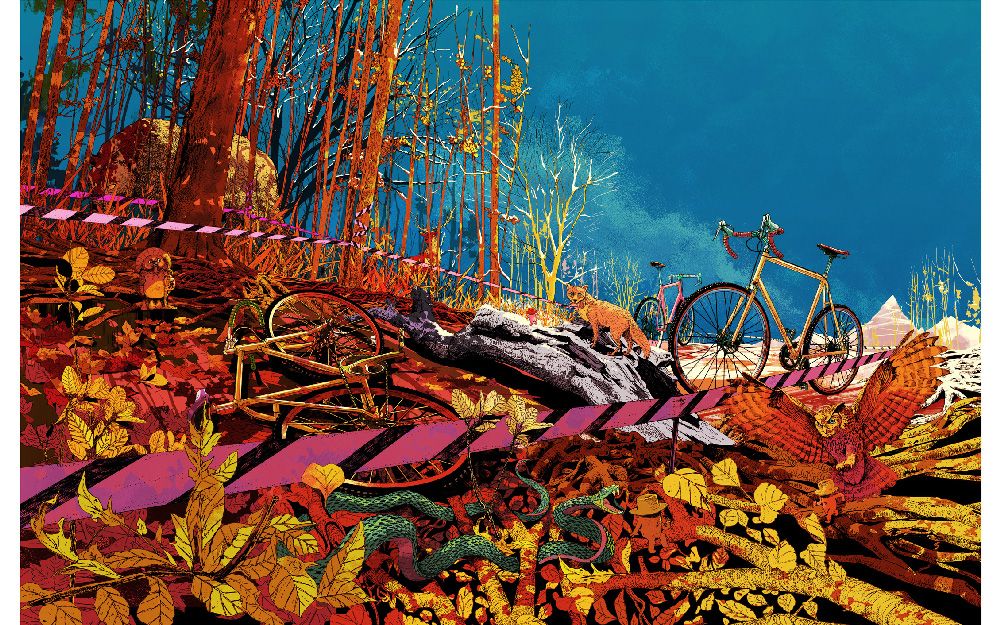 Illustration of bicycles in an autumn forest, one lying on the ground behind striped tape